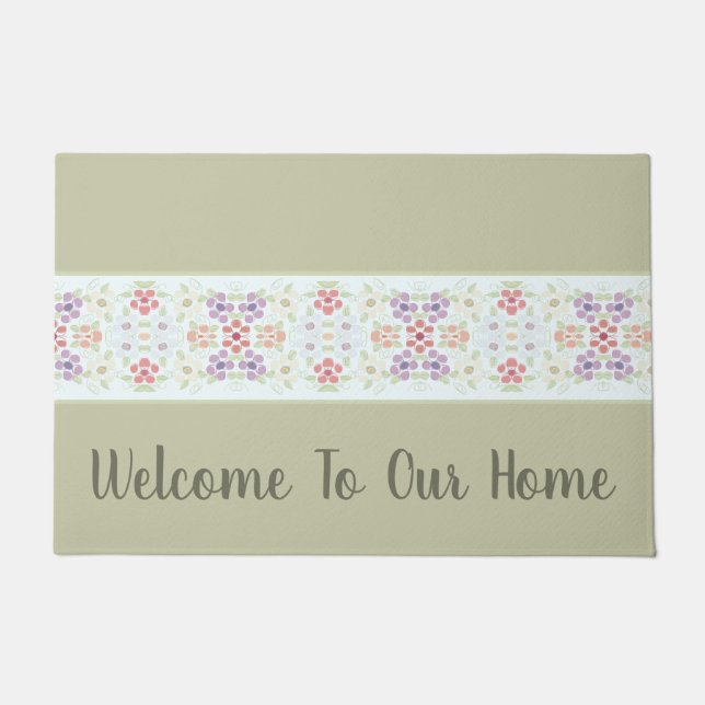 Paillasson Typographie Vert Olive Avec Pastel Floral (Devant)