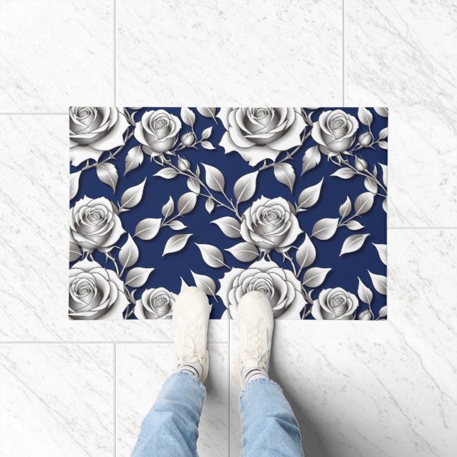 Paillasson Un motif de roses argentées et blanches (Intérieur)