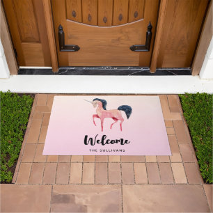 Paillasson Unicorne nordique rose avec Mane Noir Bienvenue