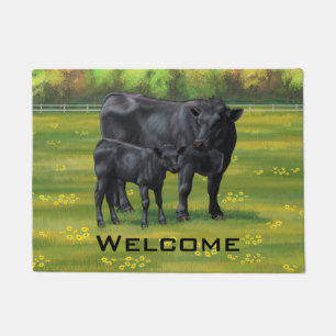 Paillasson Vache d'Angus noir et veau mou en pâturage d'été