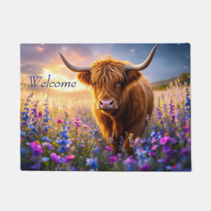 Paillasson Vache Highland dans un champ de fleurs colorées