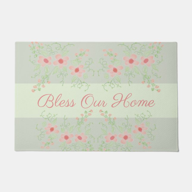 Paillasson Vert gris pastel avec rose (Devant)