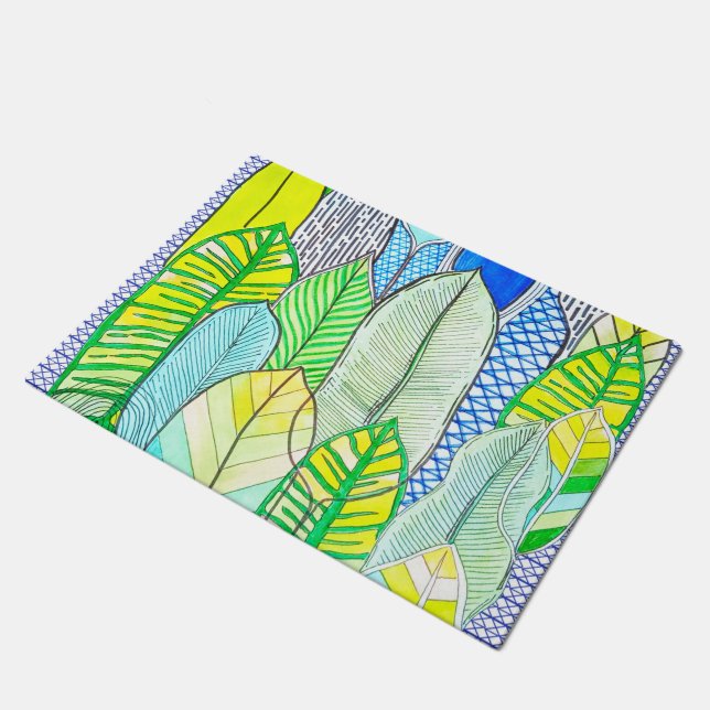 Paillasson Vert Jaune mignon Moderne Tropical Boho Feuille (Incliné)