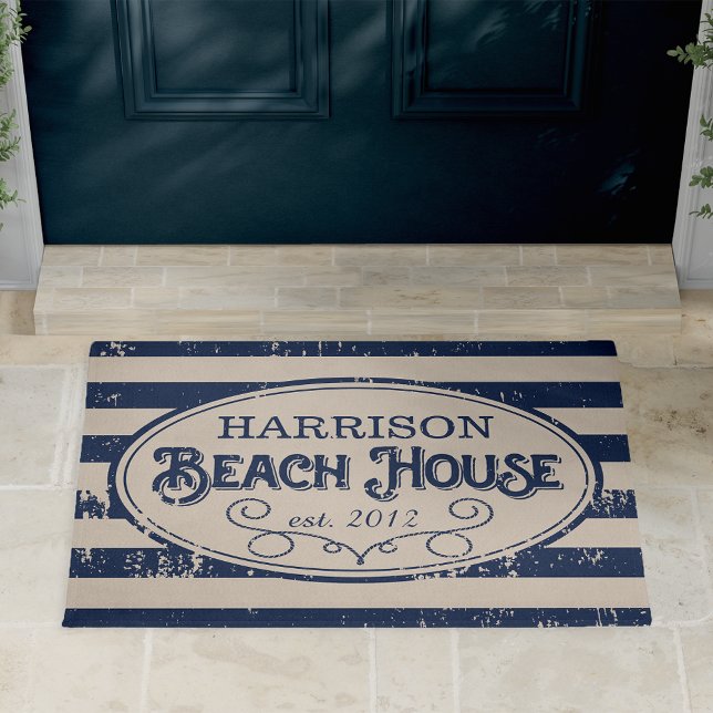 Paillasson Vintage Beach House Personnalisé Marine Bleu (Créateur téléchargé)