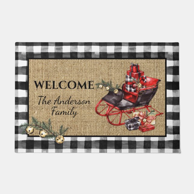 Paillasson Vintage Black Sleigh Packages Black Check Burlap | (Devant)