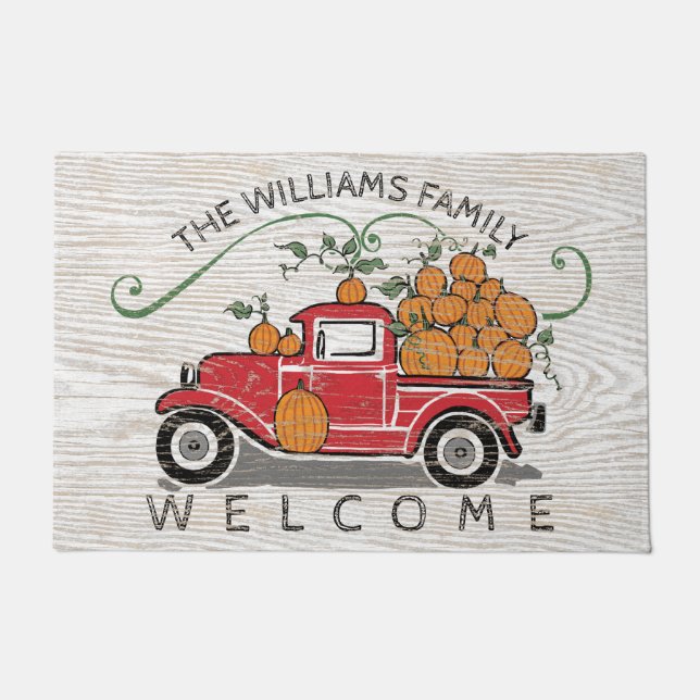 Paillasson Vintage Camion Rouge Citrouilles Monogramme Bienve (Devant)