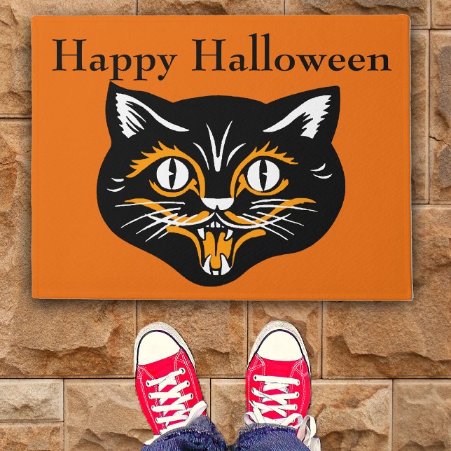 Paillasson Vintage classique Halloween noir chat visage crocs (Vintage black cat Happy Halloween smiling face on orange door mat.)
