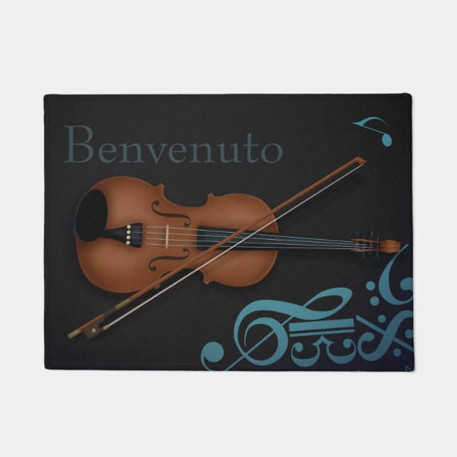 Paillasson Violon "Benvenuto" & Bow élégant noir & turquoise (Devant)