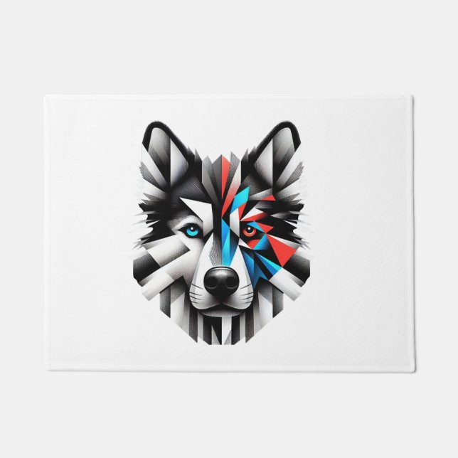 Paillasson Visage de Husky Géométrique Design d'Art Moderne (Devant)