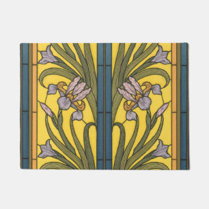Paillasson Vitrail Art Nouveau Fleur d'Iris Bleu Or