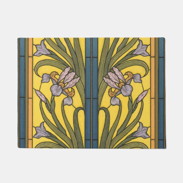 Paillasson Vitrail Art Nouveau Fleur d'Iris Bleu Or (Devant)