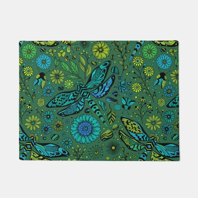 Paillasson Voler, voler la libellule sur le vert émeraude (Devant)