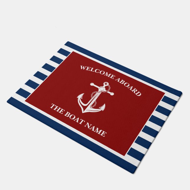 Paillasson Votre nom de bateau Ancre Blue Red Welcome Aboard (Incliné)