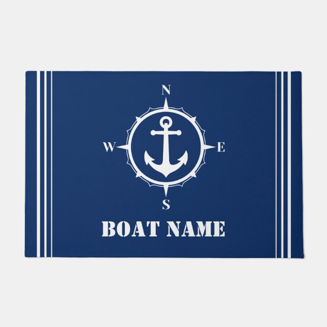 Paillasson Votre nom de bateau Compass Ancre Navy Blue Entryw (Devant)