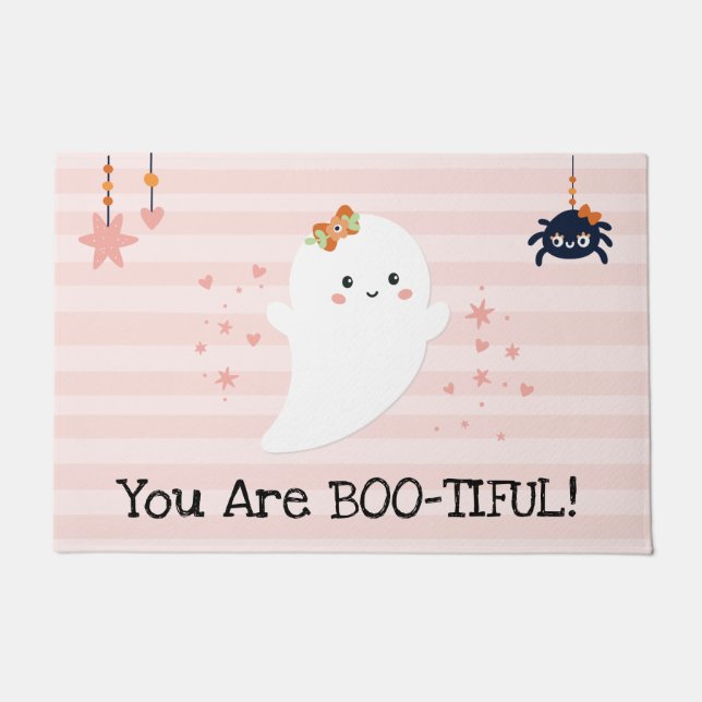 Paillasson Vous êtes Bootiful Kawaii Fantôme Rose Halloween (Devant)