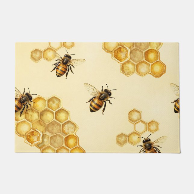 Paillasson Watercolor Honey Bee Honeycomb Pattern (Devant)