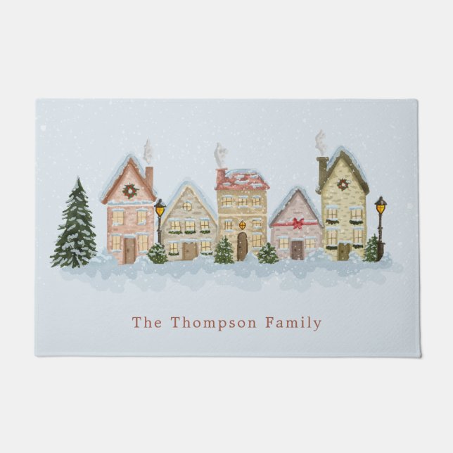 Paillasson Watercolor Winter Christmas Village Family Name (Devant)