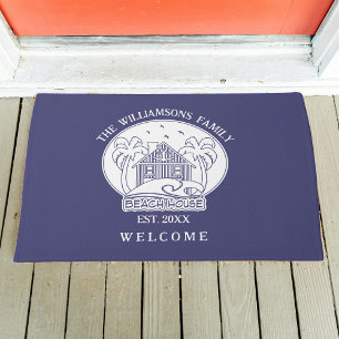 Paillasson Welcome Beach House Nom de famille Bleu et blanc