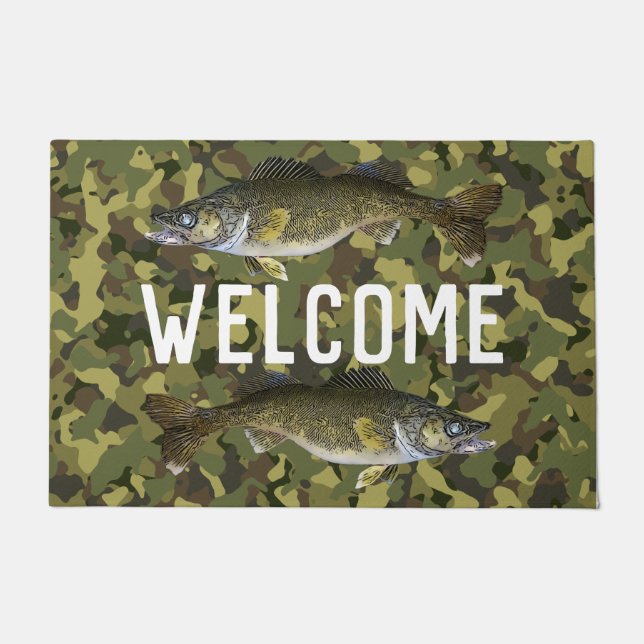 Paillasson Welcome Fishing Walleye Fish Camo Home Cottage (Devant)