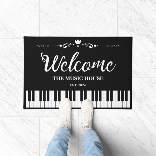 Paillasson Welcome Music House Texte personnalisé noir et bla (Intérieur)
