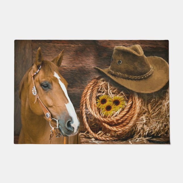 Paillasson Western Horse Cowboy Casquette Lasso Sunflowers (Devant)