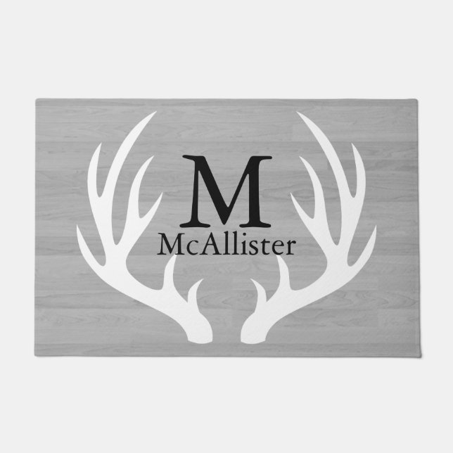 Paillasson White Deer Antlers Grey Wood Personnalisé (Devant)