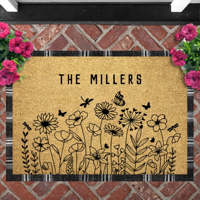 Paillasson Wildflower Line Art Personalized Welcome Custom (Wildflower Line Art Personalized Doormat | Custom Text Welcome Mat Housewarming Gift)