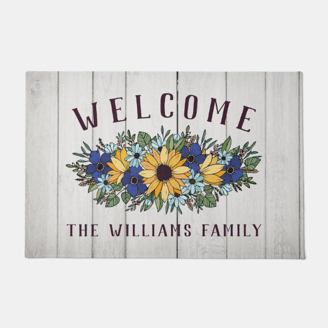 Paillasson Yellow Blue Sunflower Bouquet White Wood Welcome (Devant)