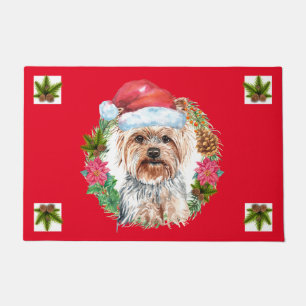 Paillasson Yorkie Christmas aquarelle couronne art de fête ca
