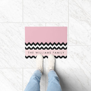 Paillasson Zigzag noir et blanc, Chevron, rose, Votre nom