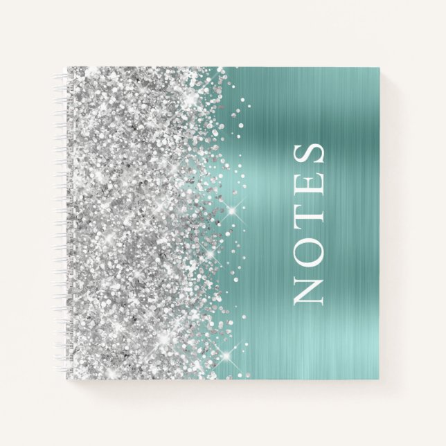 Pailleté Argent et Turquoise Clair Cahier de Notes (Devant)