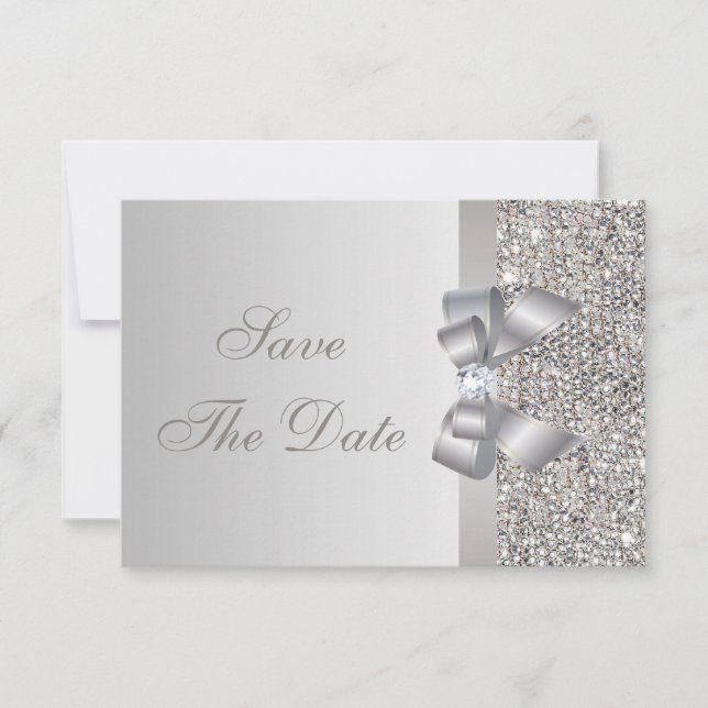 Paillettes Argent, Nœud & Diamant Save the Date (Devant)