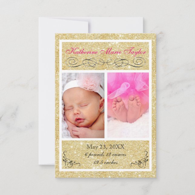 Paillettes dorées - Faire-part de naissance 3x5 (Devant)