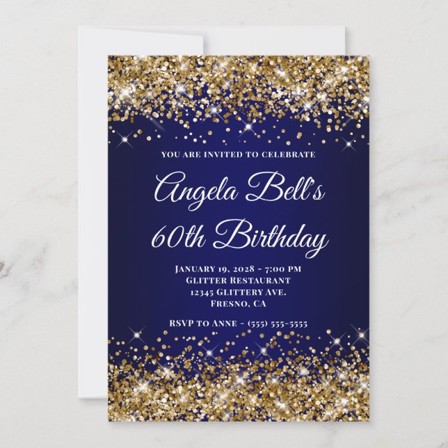 Paillettes dorées Invitation 60 ans bleu marine om (Devant)