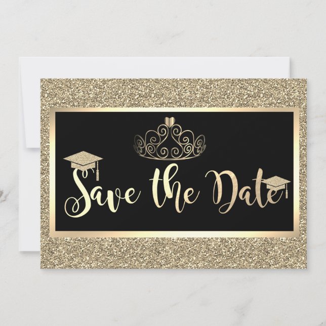 Paillettes dorées, Tiara Graduation Save The Date (Devant)