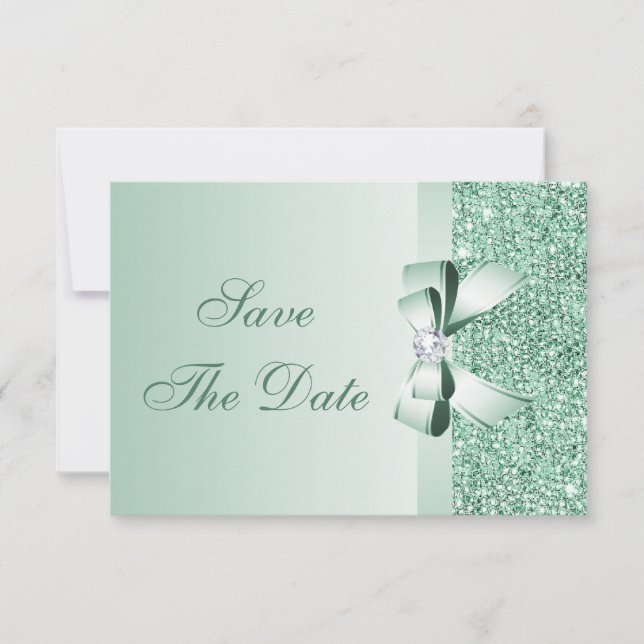 Paillettes Menthe, Nœud & Diamant Save the Date Ma (Devant)
