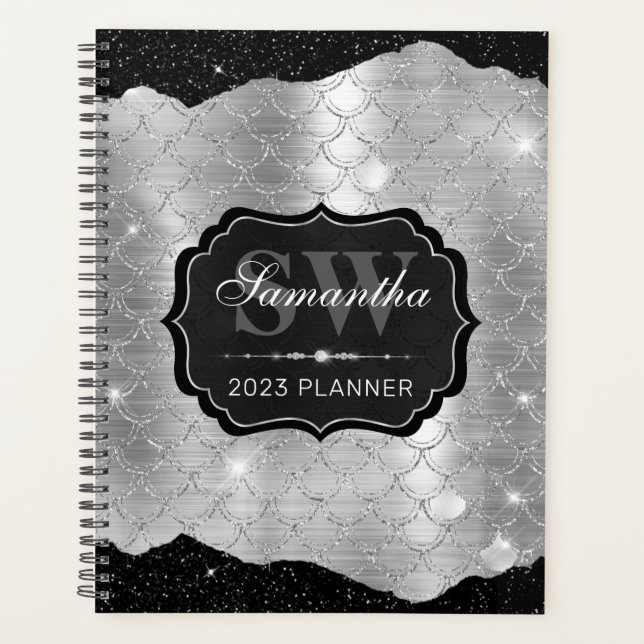 Paillettes Noir & Argent Mermaid Scale Monogramme (Devant)