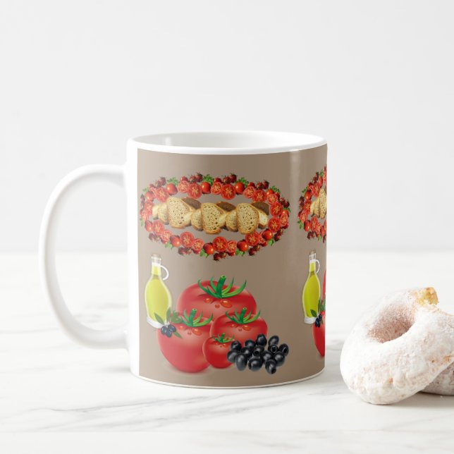 Pain beige, huile d'olive, olives, mug tomate (Avec donut)
