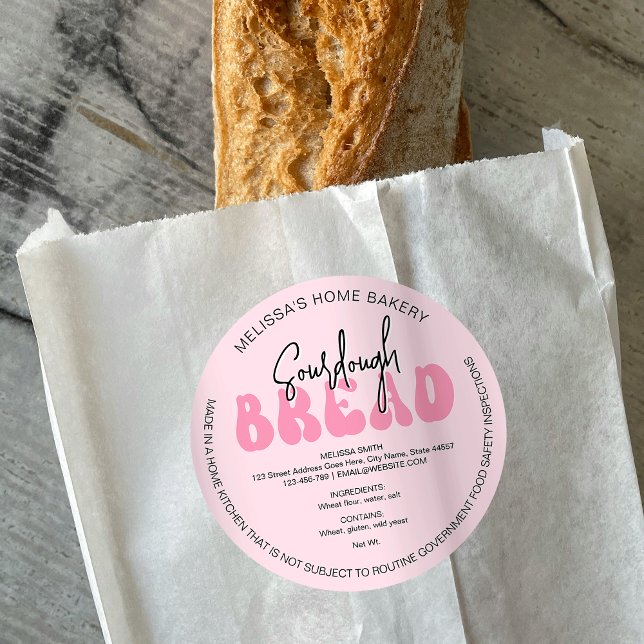 Pain rose rétro Pain Ingrédients Super Étiquette (Trendy pink bread baker packaging stickers with ingredients & your business name)