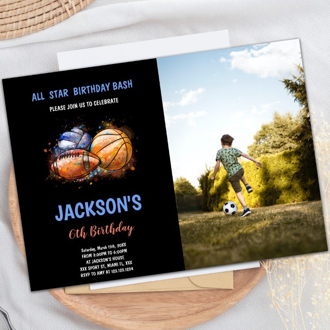 Paint Black Sports Anniversaire Invitations avec p (Paint Black Sports Birthday Invitations with photo)