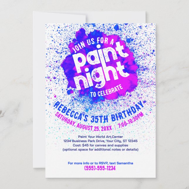 Paint Night Anniversaire Invitation - Bleu (Devant)