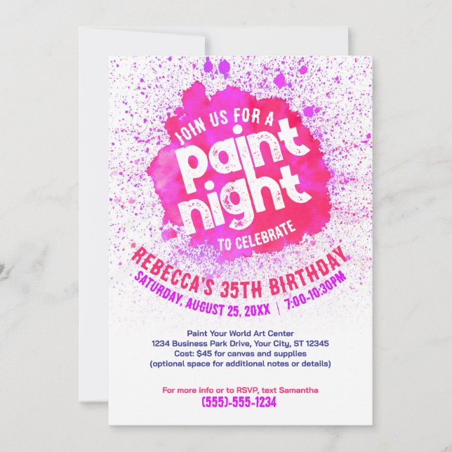 Paint Night Anniversaire Invitation - Rose Chaud (Devant)