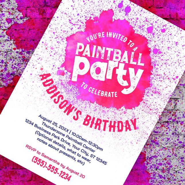 Paintball Anniversaire fête Invitation personnalis (pink paint splatter customizable birthday invite against a paint splattered brick background)