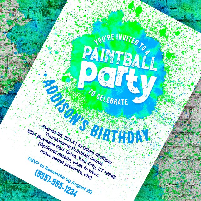 Paintball Anniversaire fête Invitation personnalis (green paint splatter customizable birthday invite against a paint splattered brick background)