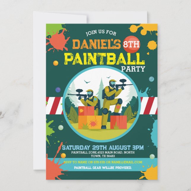 Paintball Anniversaire Invitation Garçons Peindre  (Devant)