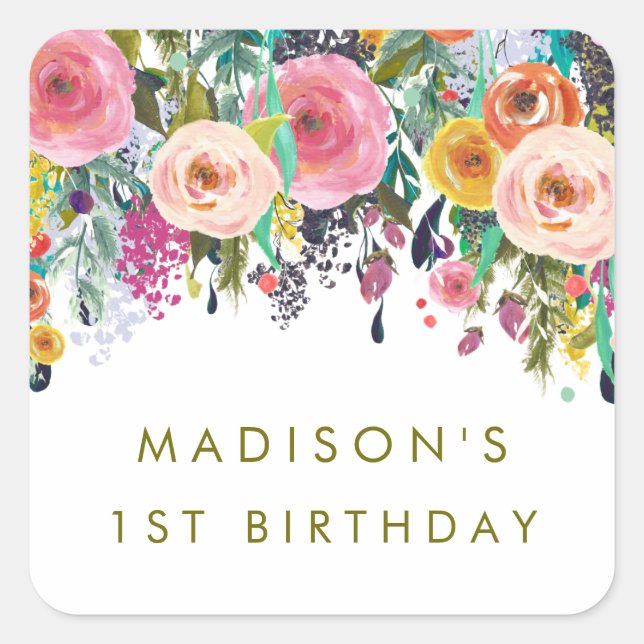 Painted Floral Garden Personalized Party Stickers (Devant)