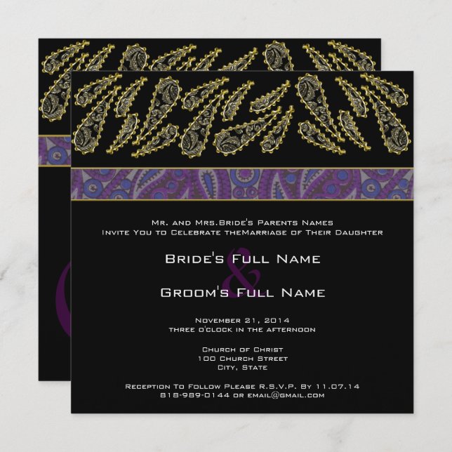 Paisley à prune violet et Faire-part de mariage d' (Devant / Derrière)