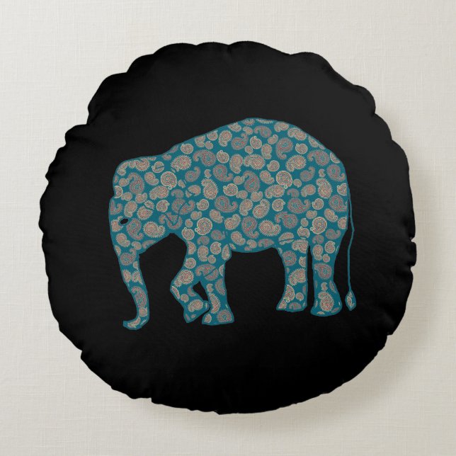 Paisley Elephant Personnalisé Coussin rond noir (Devant)