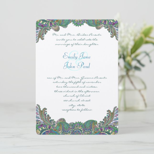 Paisley Peacock Couleurs Mariage Invitations (Debout devant)
