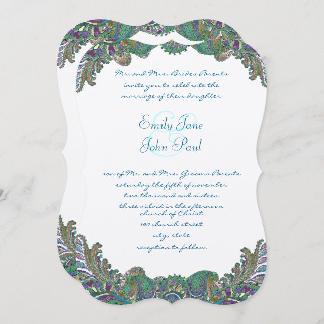 Paisley Peacock Couleurs Mariage Invitations (Devant / Derrière)